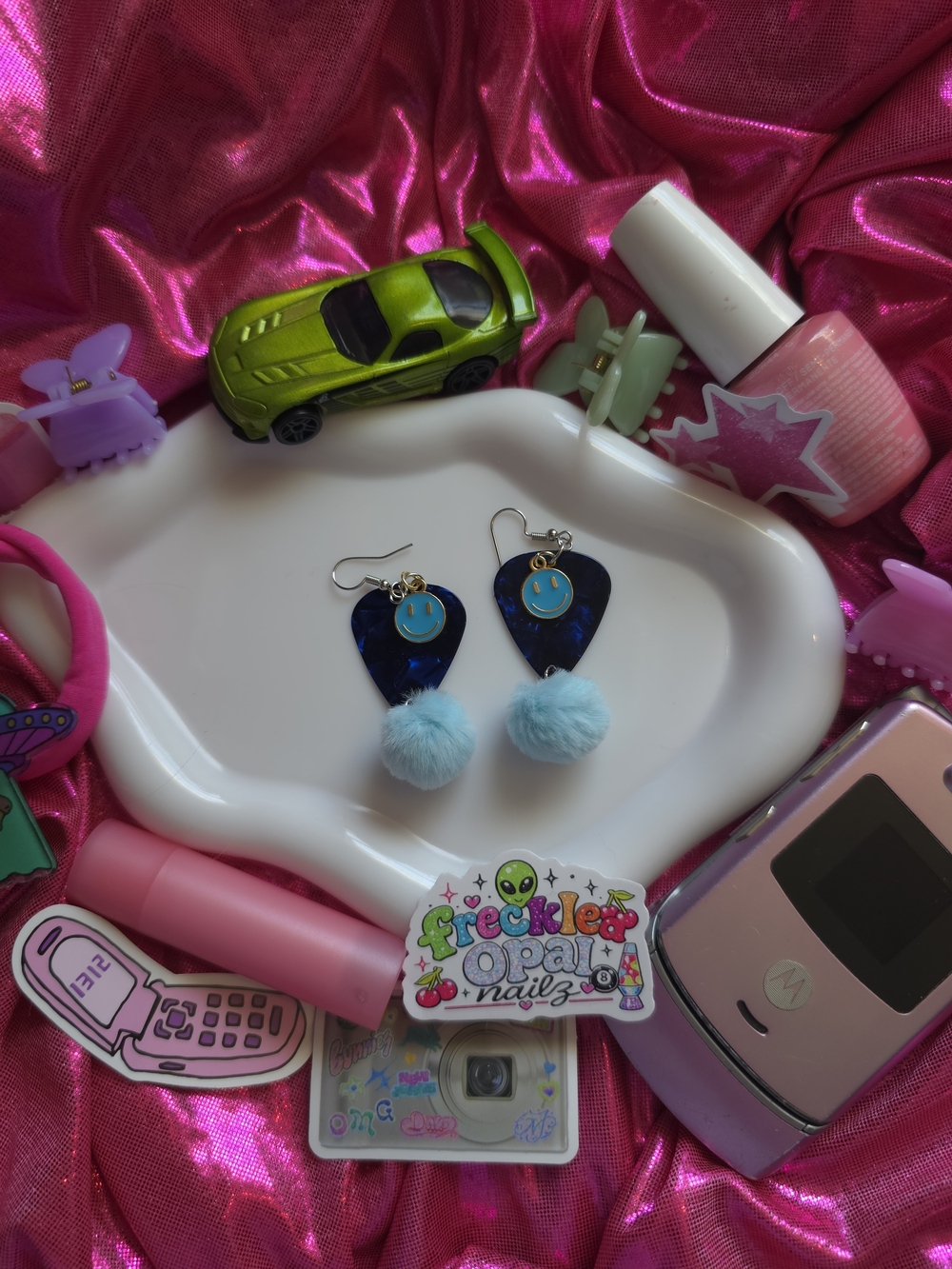 Blue Guitar Pick Earrings with Light Blue Pom Poms Dopaminr‎ Dressing